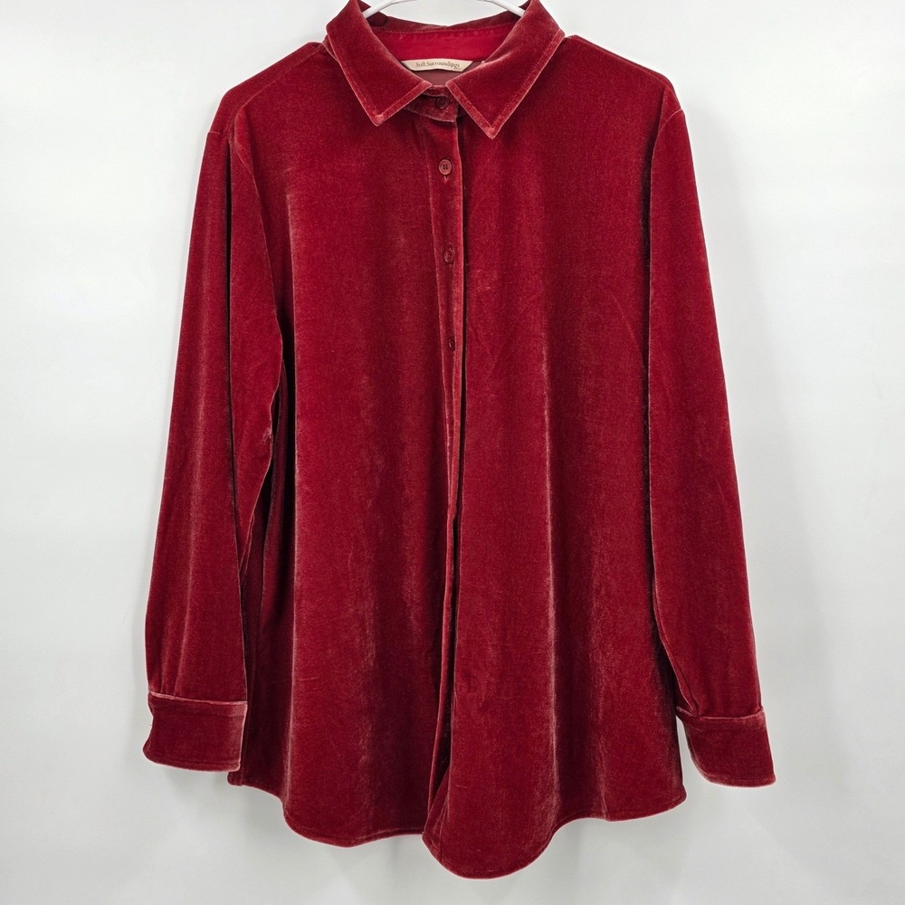 SOFT SURROUNDINGS VELVET BOYFRIEND TUNIC SHIRT WOMENS PETITE LARGE RED BUTTON UP - Picture 2 of 14